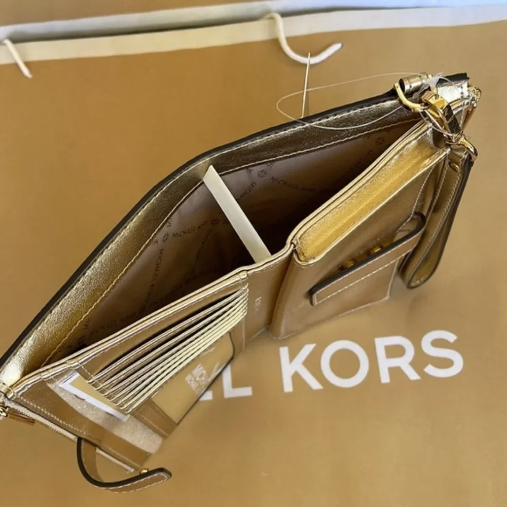 Michael Kors Jet Set Travel Large Double Zip Wristlet Wallet Pale Gold